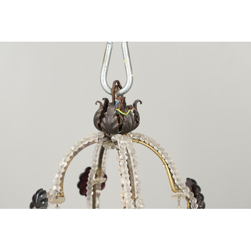 1278 - A 20TH CENTURY SIX BRANCH CUT GLASS CHANDELIER. with beaded swags, lustre drops and amethyst flower ... 