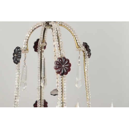 1278 - A 20TH CENTURY SIX BRANCH CUT GLASS CHANDELIER. with beaded swags, lustre drops and amethyst flower ... 