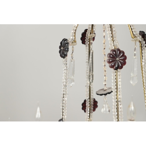 1278 - A 20TH CENTURY SIX BRANCH CUT GLASS CHANDELIER. with beaded swags, lustre drops and amethyst flower ... 