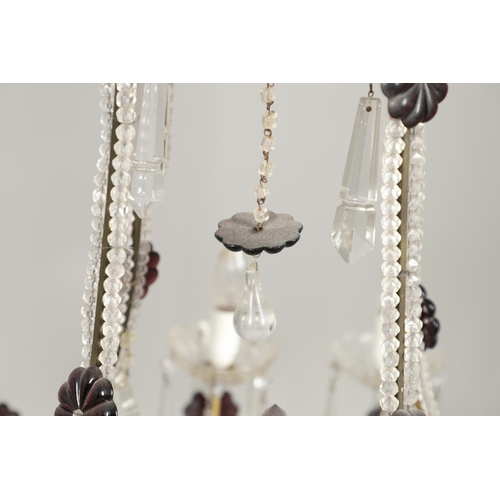 1278 - A 20TH CENTURY SIX BRANCH CUT GLASS CHANDELIER. with beaded swags, lustre drops and amethyst flower ... 