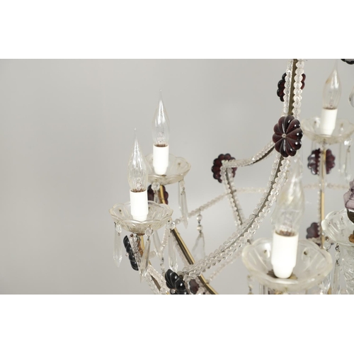 1278 - A 20TH CENTURY SIX BRANCH CUT GLASS CHANDELIER. with beaded swags, lustre drops and amethyst flower ... 