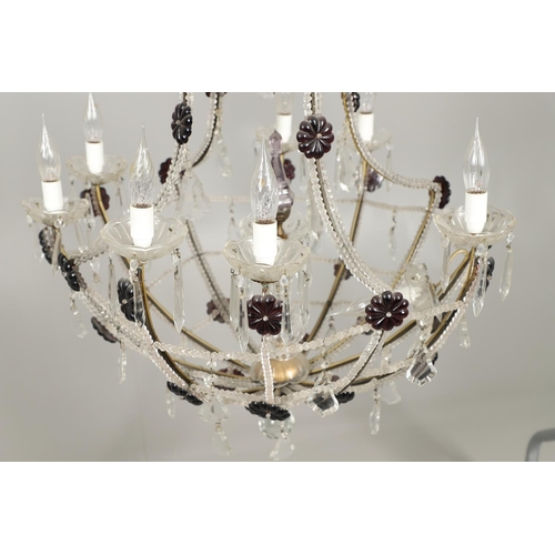 1278 - A 20TH CENTURY SIX BRANCH CUT GLASS CHANDELIER. with beaded swags, lustre drops and amethyst flower ... 