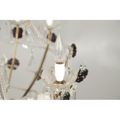 1278 - A 20TH CENTURY SIX BRANCH CUT GLASS CHANDELIER. with beaded swags, lustre drops and amethyst flower ... 