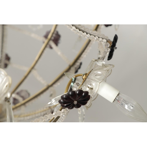 1278 - A 20TH CENTURY SIX BRANCH CUT GLASS CHANDELIER. with beaded swags, lustre drops and amethyst flower ... 