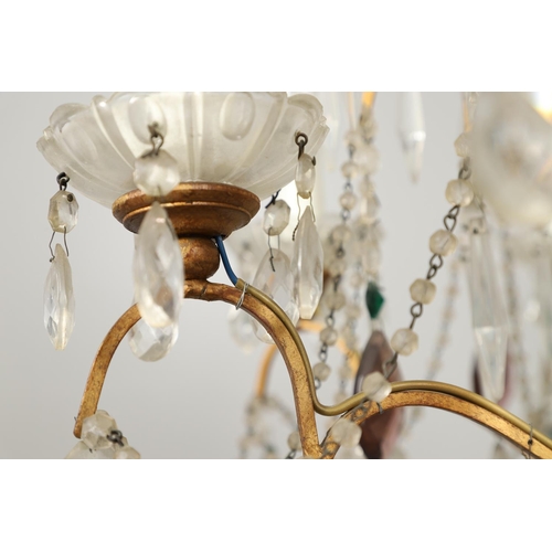 1279 - A 20TH CENTURY TWELVE BRANCH CRYSTAL CHANDELIER. with clear, amethyst and green cut glass drops susp... 