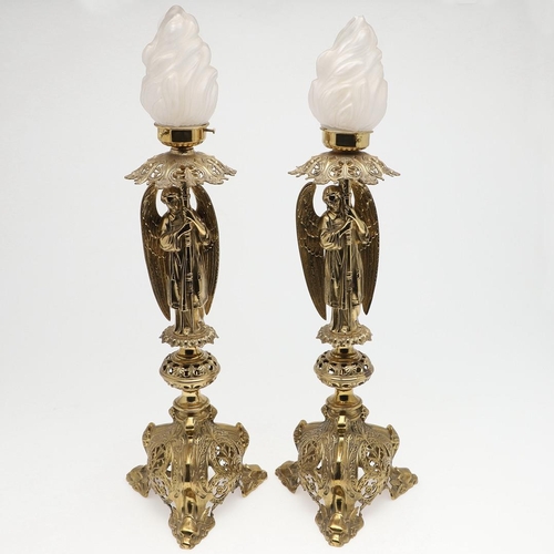 1281 - A PAIR OF ORNATE BRASS ECCLESIASTICAL STYLE TABLE LAMPS. cast and pierced in the high Victorian styl... 