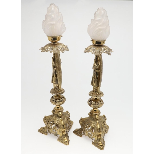 1281 - A PAIR OF ORNATE BRASS ECCLESIASTICAL STYLE TABLE LAMPS. cast and pierced in the high Victorian styl... 