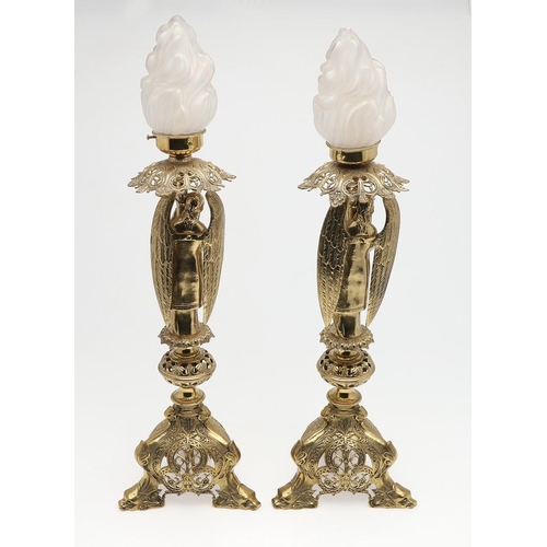 1281 - A PAIR OF ORNATE BRASS ECCLESIASTICAL STYLE TABLE LAMPS. cast and pierced in the high Victorian styl... 