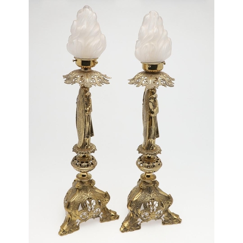 1281 - A PAIR OF ORNATE BRASS ECCLESIASTICAL STYLE TABLE LAMPS. cast and pierced in the high Victorian styl... 