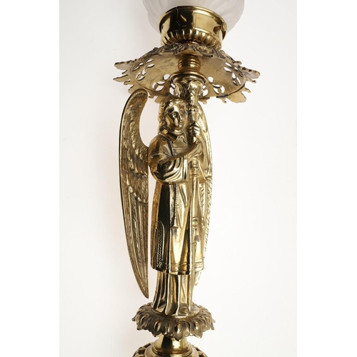 1281 - A PAIR OF ORNATE BRASS ECCLESIASTICAL STYLE TABLE LAMPS. cast and pierced in the high Victorian styl... 