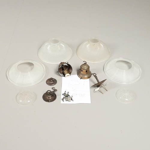 1282 - A PAIR OF 12 INCH HOLOPHANE REFLECTOR REFRACTOR PENDANT LIGHTS. circa 1920s, three part prismatic re... 