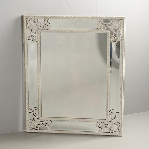 1285 - A 19TH CENTURY FRENCH GREY PAINTED WALL MIRROR. with moulded double border and corner foliate scroll... 