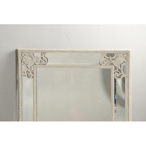 1285 - A 19TH CENTURY FRENCH GREY PAINTED WALL MIRROR. with moulded double border and corner foliate scroll... 