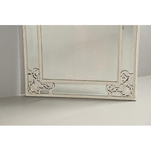 1285 - A 19TH CENTURY FRENCH GREY PAINTED WALL MIRROR. with moulded double border and corner foliate scroll... 