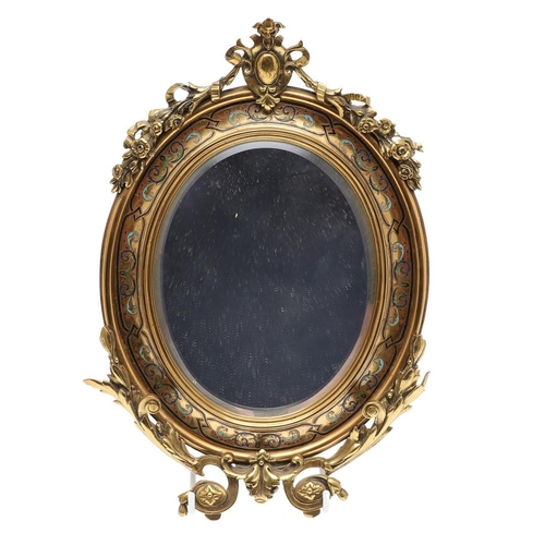 1287 - A SMALL FRENCH GILT METAL AND CHAMPLEVE ENAMEL WALL MIRROR. the oval dished frame with ribbon, scrol... 