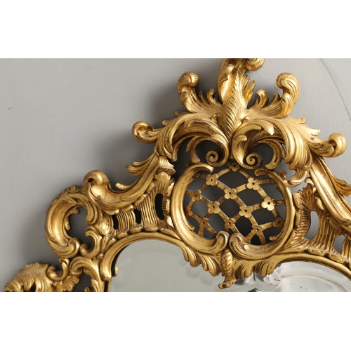 1291 - A 20TH CENTURY GILTWOOD WALL MIRROR. the heavily carved C scroll and foliate frame with a lattice an... 