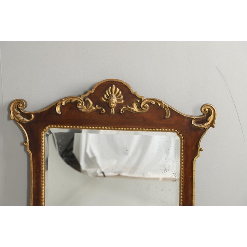 1294 - A GEORGE II STYLE WALNUT AND GILT GESSO WALL MIRROR. with gilt foliate scroll and cherub's head moun... 