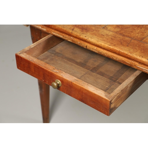 1295 - A 19TH CENTURY FRENCH FRUITWOOD DRAWLEAF FARMHOUSE TABLE. the six plank top to a single drawer at on... 