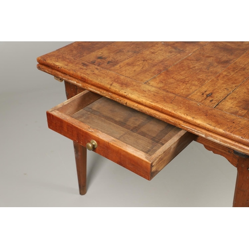 1295 - A 19TH CENTURY FRENCH FRUITWOOD DRAWLEAF FARMHOUSE TABLE. the six plank top to a single drawer at on... 