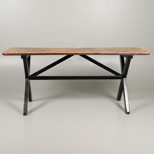 1297 - AN EARLY 20TH CENTURY ELM FARMHOUSE TABLE. the single plank top to a painted stretchered base with X... 