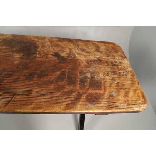 1297 - AN EARLY 20TH CENTURY ELM FARMHOUSE TABLE. the single plank top to a painted stretchered base with X... 