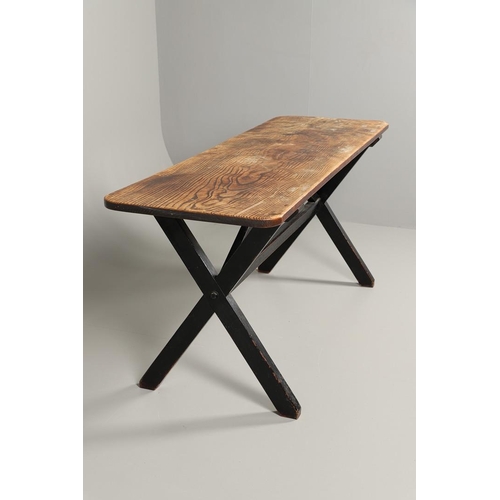 1297 - AN EARLY 20TH CENTURY ELM FARMHOUSE TABLE. the single plank top to a painted stretchered base with X... 