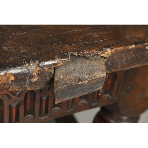 1299 - A 17TH CENTURY OAK REFECTORY TABLE. the single plank top with three unusual cut out hearts above a c... 