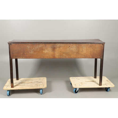 1300 - A GEORGE II OAK DRESSER BASE. the plank top over three drawers with brass handles and square legs, h... 