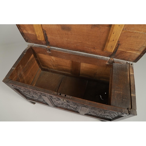 1301 - A LATE 17TH CENTURY OAK COFFER. the triple plank top enclosing an interior with candle box, over a t... 