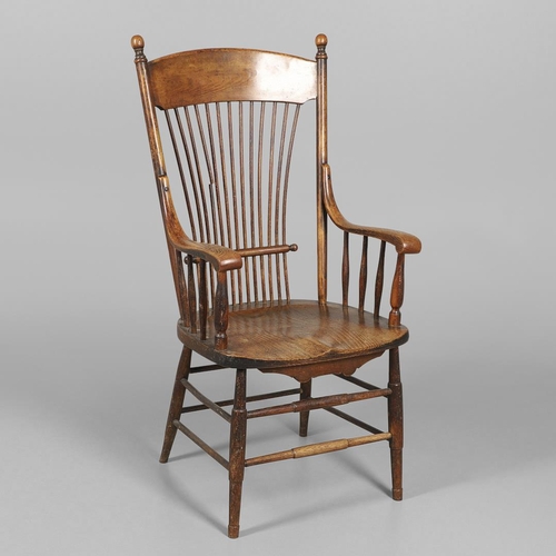 1302 - A 19TH CENTURY AMERICAN ASH AND ELM STICK BACK CHAIR. of large proportions, the spindle back on scro... 