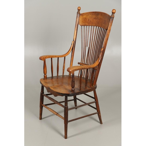 1302 - A 19TH CENTURY AMERICAN ASH AND ELM STICK BACK CHAIR. of large proportions, the spindle back on scro... 