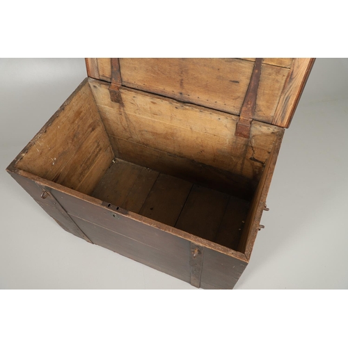 1303 - AN 18TH CENTURY OAK AND IRON BOUND SILVER CHEST. the hinged plank lid and sides with forged iron han... 