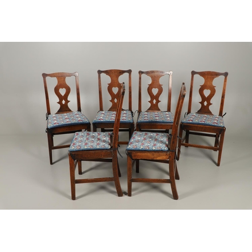 1305 - A MATCHED SET OF SIX GEORGE III COUNTRY OAK CHIPPENDALE STYLE SPLAT BACK DINING CHAIRS. of pegged co... 