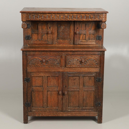 1308 - A JACOBEAN STYLE OAK COURT CUPBOARD OF SMALL PROPORTIONS. 19th century, possibly made for a child's ... 