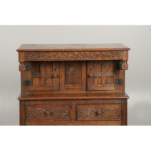 1308 - A JACOBEAN STYLE OAK COURT CUPBOARD OF SMALL PROPORTIONS. 19th century, possibly made for a child's ... 