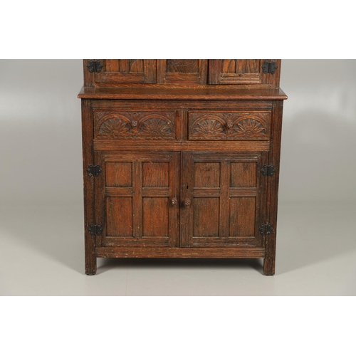 1308 - A JACOBEAN STYLE OAK COURT CUPBOARD OF SMALL PROPORTIONS. 19th century, possibly made for a child's ... 