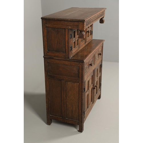 1308 - A JACOBEAN STYLE OAK COURT CUPBOARD OF SMALL PROPORTIONS. 19th century, possibly made for a child's ... 