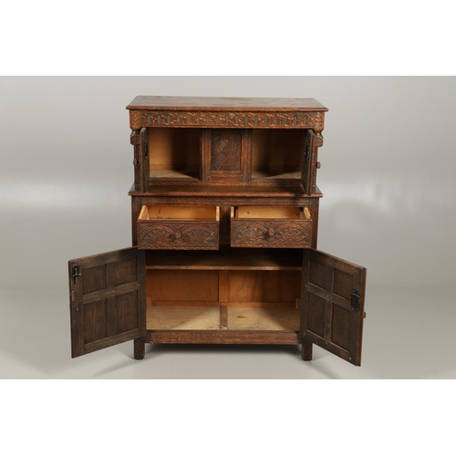 1308 - A JACOBEAN STYLE OAK COURT CUPBOARD OF SMALL PROPORTIONS. 19th century, possibly made for a child's ... 