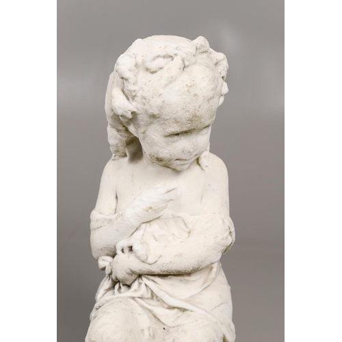 1335 - A 19TH CENTURY MARBLE STUDY OF A YOUNG GIRL. modelled seated on a tree stump, with flowing dress dra... 