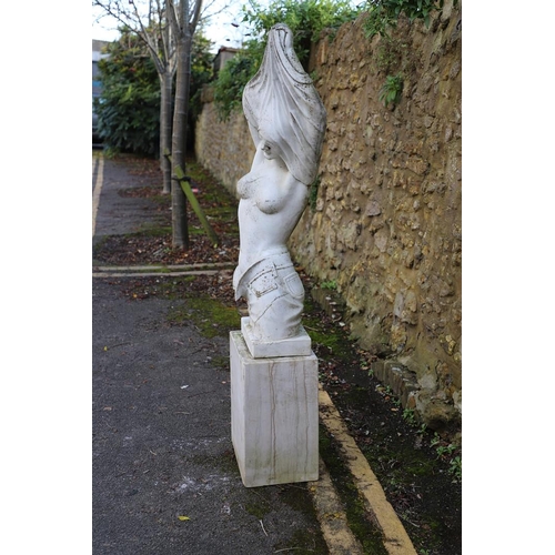 1338 - A CARVED MARBLE FIGURE. depicting a nude female removing her clothes, on a rectangular plinth, heigh... 