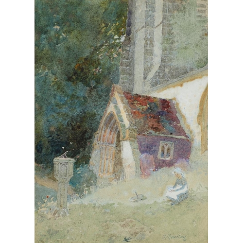 330 - THOMAS MACKAY (1893-1912). GIRL RESTING BY A CHURCH PORCH. Signed, watercolour heightened with white... 