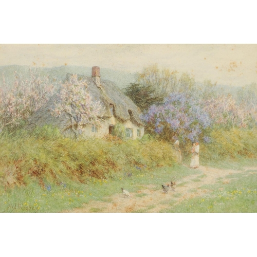 334 - HELEN ALLINGHAM, RWS (1848-1926). FIGURES BY A COTTAGE. Signed, watercolour heightened with touches ... 