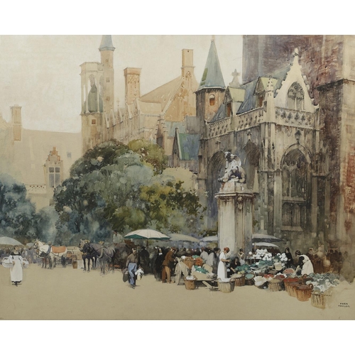 336 - FRED TAYLOR (1875-1963). FLOWER MARKET. (d) Signed, watercolour 
99 x 123.5cm.