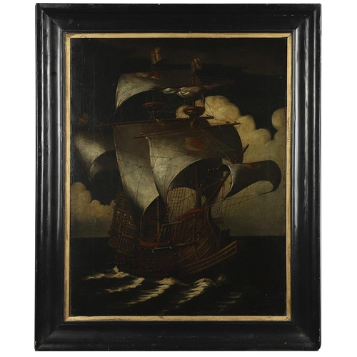 343 - HENDRIK CORNELISZ VROOM (1562-1640). In the manner of. A GENOESE GALLEON, SAILS BILLOWING. Oil on ca... 