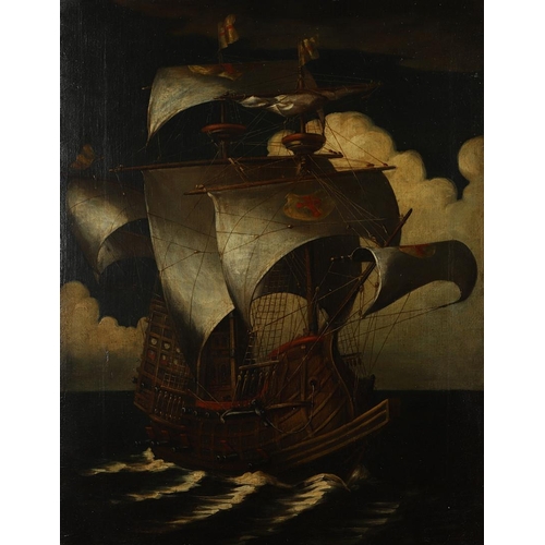 343 - HENDRIK CORNELISZ VROOM (1562-1640). In the manner of. A GENOESE GALLEON, SAILS BILLOWING. Oil on ca... 