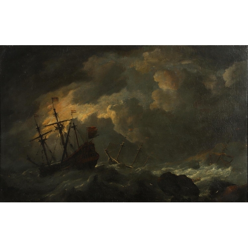 345 - WILLEM VAN DE VELDE THE YOUNGER (1633-1707). His circle. DUTCH SHIPPING IN ROUGH SEAS OFF A ROCKY CO... 