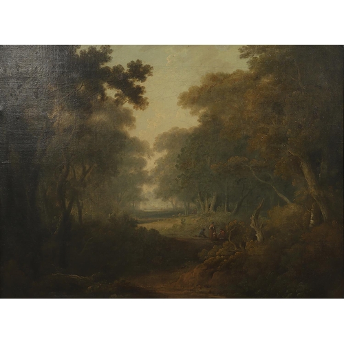 347 - JOHN RATHBONE (C.1750-1807). FIGURES IN A CLEARING IN A WOODLAND SETTING. Signed and dated 1800, oil... 