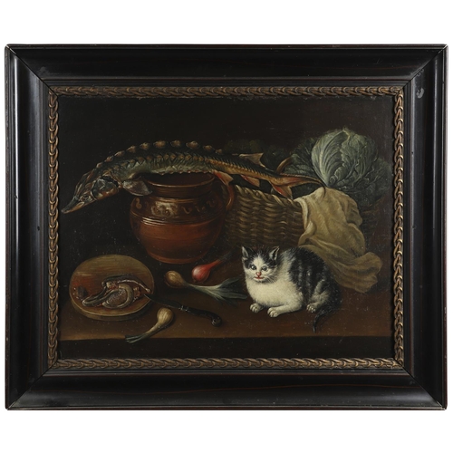 348 - GEORGE SMITH OF CHICHESTER (1714-1776). His circle. KITCHEN STILL LIFE WITH A STURGEON, A CAT, VEGET... 