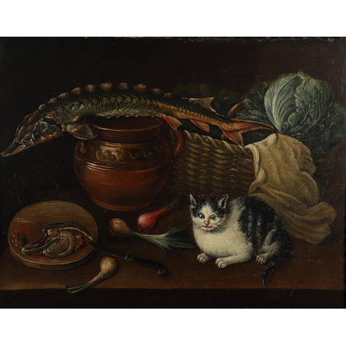 348 - GEORGE SMITH OF CHICHESTER (1714-1776). His circle. KITCHEN STILL LIFE WITH A STURGEON, A CAT, VEGET... 