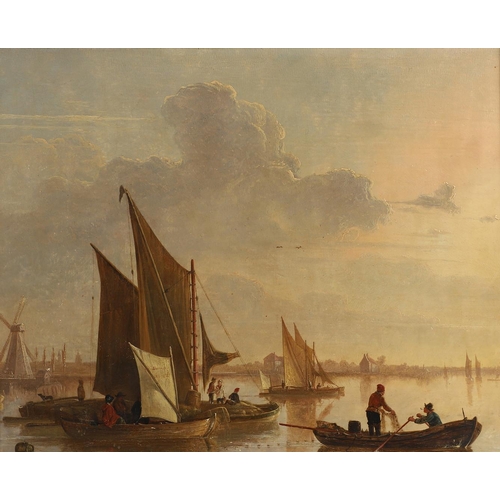 353 - JAMES M. BURNET (1788-1816). FISHERFOLK AND BOATS ON CALM WATERS AT DUSK. Signed on the prow of the ... 